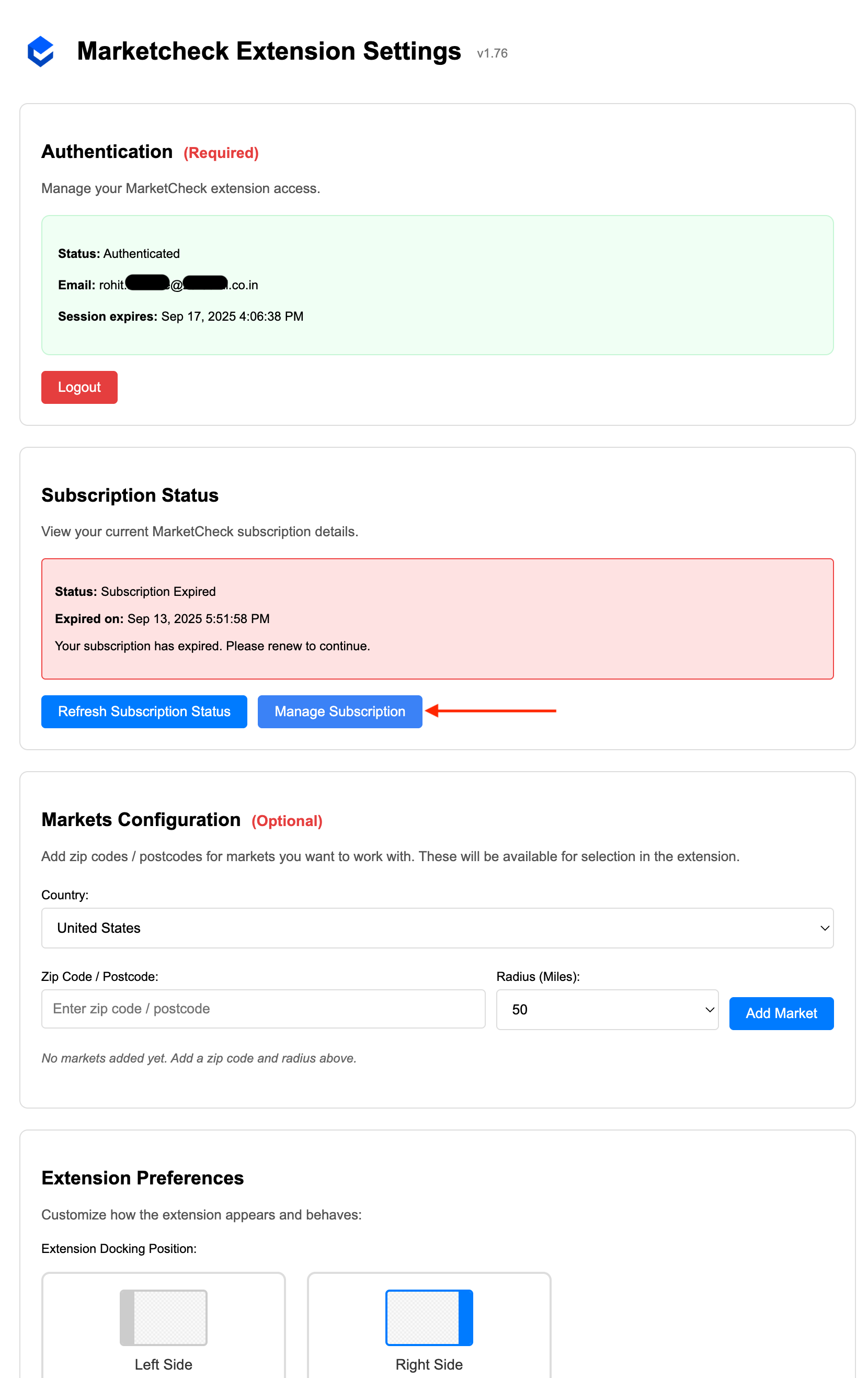 Extension Settings